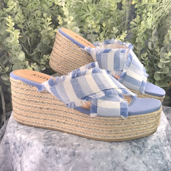 JustFab Yes Girl Lt.Blue & White Crossband Espadrille Wedges WMS 8.5☀️NWOT☀️ - Picture 1 of 12